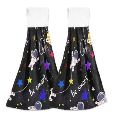 Imagem de Cute Astronauts Space Black Fall Toalhas de mão com laço para pendurar toalhas de chá personalizadas para forno conjunto de 2 toalhas de mão de cozinha fofas e absorventes, 46 x 35 cm