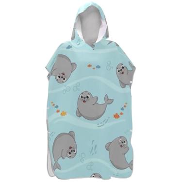 Imagem de Joisal Poncho de surfe para trocador de roupas de banho de praia com capuz leve desenho animado leão marinho unissex adulto poncho com capuz
