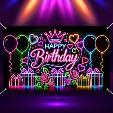 Imagem de BlissYard Banner neon de feliz aniversário 188 x 109 cm com fundo brilhante para decoração de festa com coroa, balões de coração, presentes de rosas para cabine de fotos, suprimentos de pano de fundo