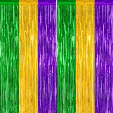 Imagem de Cortina de franja de alumínio para decoração de carnaval, pacote com 2 unidades, pano de fundo roxo dourado verde, enfeite de baile de máscaras de Nova Orleans, adereços para cabine de fotos