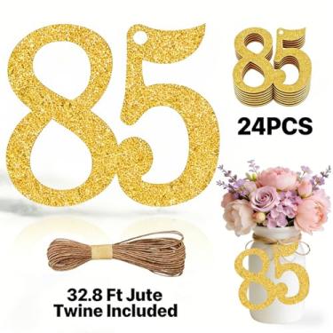 Imagem de ALISSAR 24 peças 85 etiquetas numéricas com barbante de juta de 85 metros para decorações de 85 anos, kit de decoração de festa de 85 anos, decoração de pote de pedreiro, embrulho de presente, centros