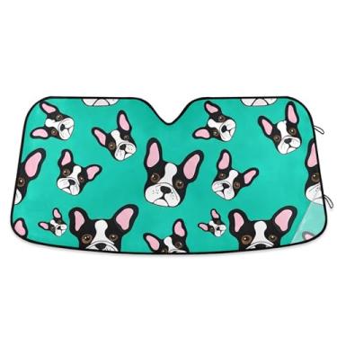 Imagem de Toldo de sol bonito buldogue francês azul-petróleo para para-brisa de carro protetor solar retrátil universal para para-brisa dianteiro de carro impressões de animais M, 139,7 cm x 70,1 cm