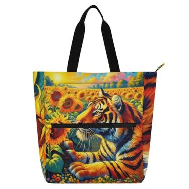 Imagem de GAIGEO Sacola de trabalho floral tigre girassóis para mulheres bolsa escolar de lona com zíper bolsas femininas infantis amantes de livros
