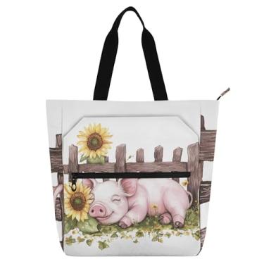 Imagem de GAIGEO Cute Pig Girassóis Bolsas de Trabalho para Mulheres Bolsa Escolar de Lona com Zíper Bolsa de Viagem com Compartimentos