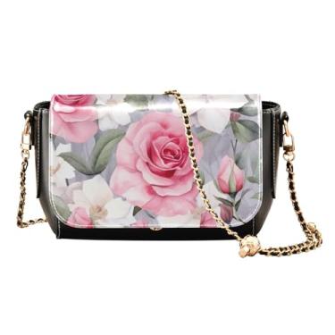 Imagem de Margaridas em azul e branco guingão bolsa transversal com alça longa, bolsa tiracolo feminina de couro, bolsas de ombro de couro para mulheres, Flor de rosas em aquarela - 2, One Size