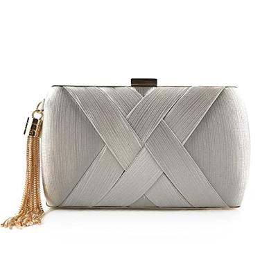 Imagem de Bolsa feminina elegante de seda com pingente de borla para noiva, casamento, formatura, festa noturna, Prateado
