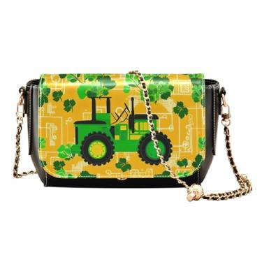 Imagem de GAIGEO Bolsa transversal de couro com pintura de flores vermelhas e laranjas, bolsas transversais de couro médio para mulheres, Trevo e trator com folhas verdes-1, One Size