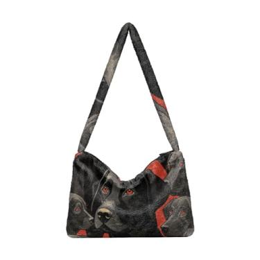 Imagem de Bolsa de ombro vermelha retrô preta com zíper, bolsa feminina para uso ao ar livre, Cachorro preto em vermelho retrô, One Size