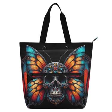 Imagem de GAIGEO Sacolas femininas coloridas de caveira borboleta para trabalho, lona, bolsas de pano, faculdade, escola, bolsas infantis fofas com compartimentos