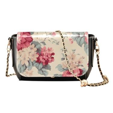 Imagem de Peônias em um verde bolsas transversais de couro femininas, bolsas transversais de couro para mulheres, bolsas de ombro com compartimentos, Floral vintage em rosa e bege - 1, One Size