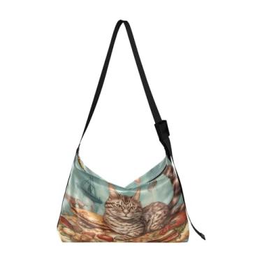 Imagem de Cute Little Bunny Bolsa de couro feminina de parede quebrada rosa, bolsa transversal de couro vegano, bolsa de ombro de couro Hobo, Gato deitado em uma deliciosa pizza flutuante na água, One Size