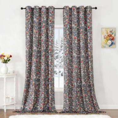 Imagem de Estelar Textiler Cortinas blackout de veludo cinza para quarto de 267 cm de comprimento, cortinas com padrão floral vintage para quarto, cortinas com ilhós isolados térmicos para escurecimento de