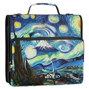 Imagem de Organizador de fichário com zíper, noite estrelada, estampa floral, 3 anéis, bolsa divertida para fichários escolares com alça de ombro, suporte para 500 folhas