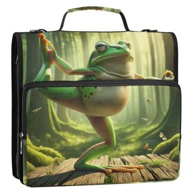 Imagem de Fichários engraçados de sapo para ioga de 3,8 cm, 3 anéis, organizador de fichários escolares com alça de ombro, vários bolsos, pasta grande para portfólio