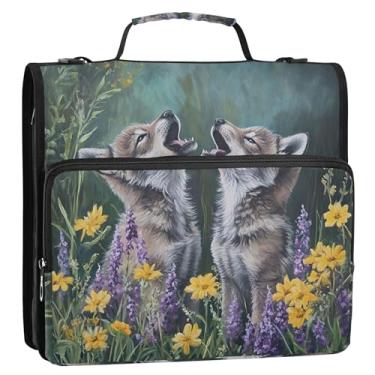 Imagem de Organizador de fichários com 3 anéis de 3,8 cm, floral, lobo, filhotes, uivando, com zíper, bolsa escolar com alça de ombro para documentos, vários bolsos, pasta grande para portfólio