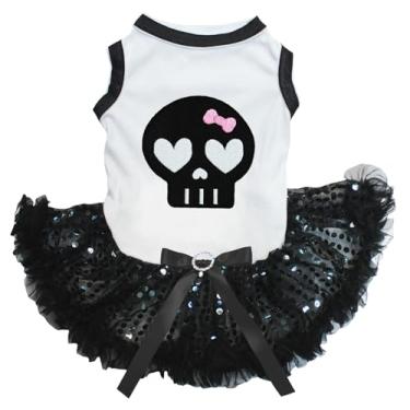 Imagem de Petitebella Vestido de cachorro com cara de caveira preta (lantejoulas brancas/pretas, GG)