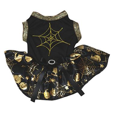 Imagem de Petitebella Vestido de cachorro tutu de teia de aranha preto camiseta dourada Cobweb (XGG)