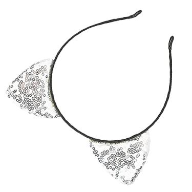 Imagem de Cosiki Tiara de Orelha de Gato Com Lantejoulas Reversíveis e Brilhantes, Argola de Cabelo Decorativa para Mulheres, Festa Diária de Natal, Material de Ferro, Argola de Orelha de Lantejoulas de 5", Serve para Casamentos, Holloween (Prata)