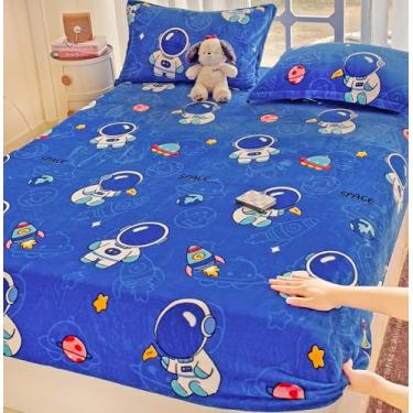 Imagem de J-pinno Jogo de lençol com elástico Astronaut Explore o planeta, azul, para crianças, meninos, adolescentes, veludo, flanela, felpudo, grosso, durável, inclui 1 lençol com elástico e 1 fronha