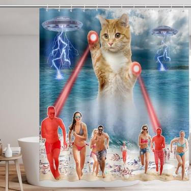 Imagem de Cortinas de chuveiro engraçadas de gato para banheiro UFO na praia pegando cortina de banheiro humana de tecido impermeável cortina de banheiro de poliéster decoração de banheiro com 12 ganchos, para