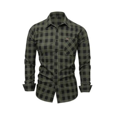 Imagem de Camisa De Algodão Xadrez Masculina De Outono Casual Com Botões E Manga