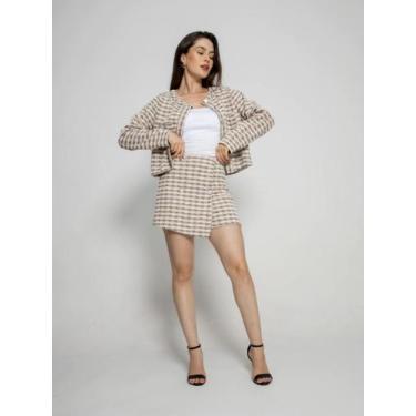 Imagem de Conjunto Frenchy de Botão Xadrez Feminino Short Saia CON-0047, M, Bege