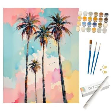 Imagem de Kit de pintura de palmeiras por números para adultos - Palmeiras tropicais DIY com pintura colorida do céu enrolada em tela 40,6 x 50,8 cm, conjunto de tinta acrílica para iniciantes, arte para