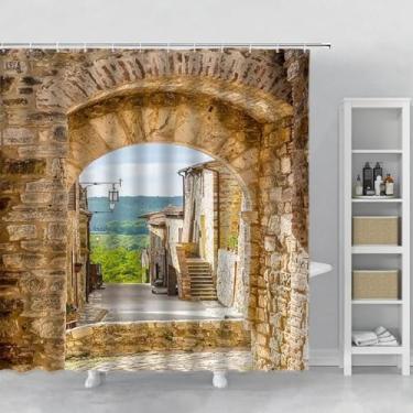 Imagem de JGGXHM Cortinas de chuveiro europeias para decoração de banheiro, cortina de banheiro com paisagem, jardim, pátio, cortina de banheiro, tela de banheira 62 x 72 pol. x 157 x 183 cm/LxA, cortina de