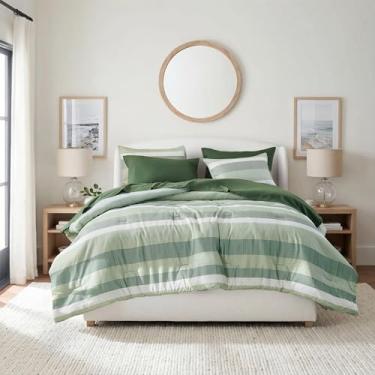 Imagem de Regency Heights Conjunto de edredom listrado moderno, tamanho Queen, leve e macio para todas as estações, 7 peças, conjunto de cama em uma bolsa com edredom, lençóis, fronhas e fronhas, verde sálvia