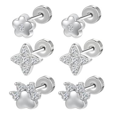 Imagem de AOEDEJ Brincos femininos com costas planas de aço cirúrgico para orelhas sensíveis para vários piercings de concha de 20 g, Aço inoxidável, Zircônica sintética