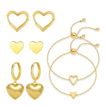 Imagem de QLYOVWE Conjunto de 4 peças de pulseira de coração banhado a ouro para mulheres delicado amor amizade corrente pulseira minimalista brincos de argola doce dia dos namorados presente de Natal joias