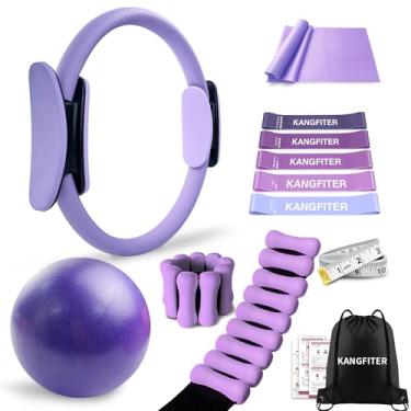 Imagem de KANGFITER Kit de equipamento de Pilates para treino em casa, conjunto de anel e bola de Pilates com pesos ajustáveis no tornozelo no pulso, faixas de resistência, fita métrica, bolsa, acessórios