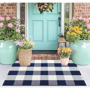 Imagem de Capacho em camadas azul e branco 61 cm x 89 cm xadrez búfalo xadrez tapete de varanda frontal tecido de algodão lavável tapete para porta de boas-vindas tapete entrada sala de jantar quarto sala de