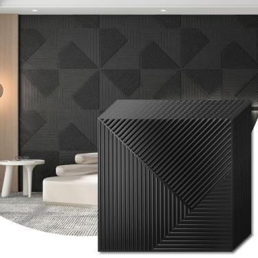 Imagem de WOWSTAR Pacote com 12 painéis de parede 3D 50 x 50 cm, painéis de parede de ripas pretas para decoração de parede de sala de estar, revestimento de parede preto moderno para casa e escritório