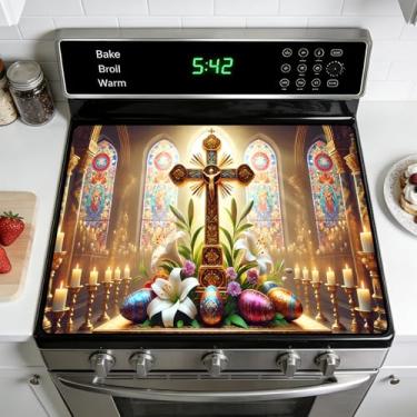 Imagem de Capa superior de fogão de Páscoa para fogão elétrico: capas de fogão de vidro, protetor de tampa de fogão de vidro resistente ao calor, design de coelho (Z2501332)