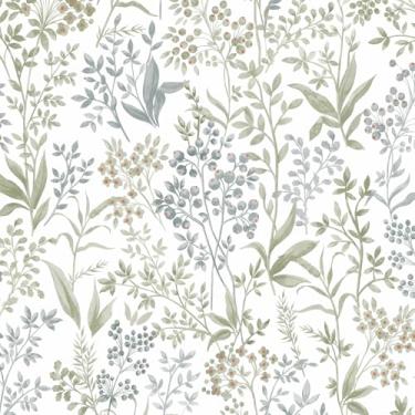 Imagem de Cohoo Home Papel de parede verde branco para contato floral boho verde para armários gavetas folhas de vegetação papel de parede removível autoadesivo quarto banheiro impermeável neutro 5 m