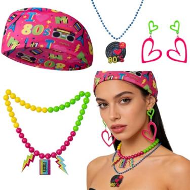 Imagem de Rotamora Conjunto de acessórios de fantasia dos anos 80 com 14 peças, fantasia de Rockstar anos 80, roupa feminina, faixa de cabeça colorida, colar de contas, brincos de coração para festa temática