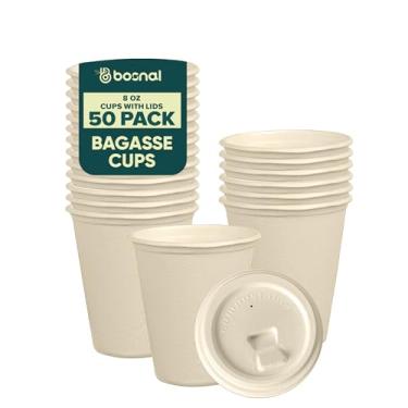 Imagem de BOSNAL Copos compostáveis de 227 g com tampas – 50 conjuntos, bagaço de cana 100% à base de plantas, copos descartáveis ecológicos para bebidas quentes e frias, seguro para micro-ondas, compostável