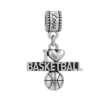 Imagem de Berloque de basquete – Pingente banhado a prata para pulseiras e colares – Compatível com Pandora, Troll, Chamilia e pulseiras europeias – Joias e acessórios de basquete – Presente para jogadores e