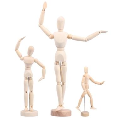 Imagem de 3 peças de manequim de madeira de artista com suporte, figuras artísticas articuladas articulações flexíveis do corpo, figura humana modelo de fantoche de madeira manequim masculino boneca ornamento