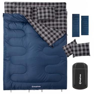 Imagem de KingCamp Saco de dormir duplo para adultos, Queen Size 2 pessoas XXL saco de dormir de flanela, impermeável leve, colcha de flanela com 2 travesseiros, perfeita para casais, família, acampamento