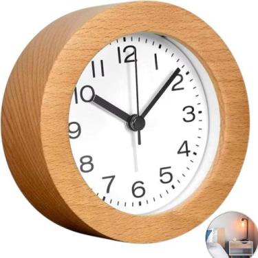 Imagem de Relógio Despertador de Madeira Vintage Circular Decora Casa Silencioso