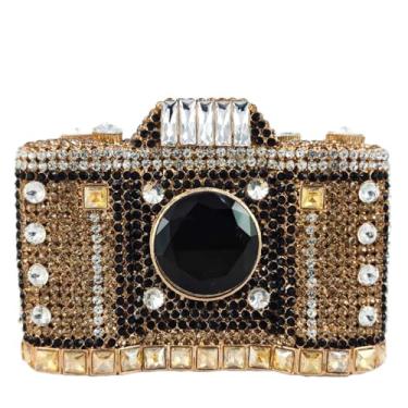 Imagem de Usuisy SLR Bolsa clutch de cristal em forma de câmera feminina para noite bolsa de festa nupcial com strass bolsa de casamento, mini, Dourado e preto, Mini
