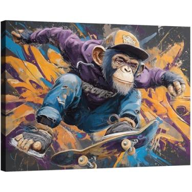Imagem de Halioyo Arte de parede em tela de macaco graffiti, decoração de parede engraçada com imagem de macaco de skate, pintura de animal, arte de parede de grafite para quarto, quarto de adolescente, sala de