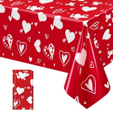 Imagem de Just Shimmer 1 toalha de mesa, capa de mesa de plástico vermelho, 137 x 272 cm, fundo vermelho com coração, decoração de festa descartável à prova d'água para dia dos namorados, galentina, casamentos