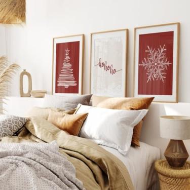 Imagem de Impressão de pôster de floco de neve de árvore de Natal, 3 peças, arte de parede, pintura em tela vermelha, arte emoldurada para sala de estar, decoração de apartamento de Natal com moldura interna