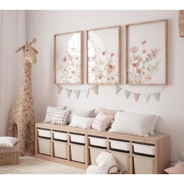 Imagem de Pintura em tela botânica rosa blush 3 peças de pôsteres de flores silvestres impressões de arte de parede para sala de estar quarto decoração de casa com moldura interna de madeira