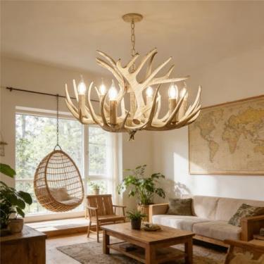 Imagem de OUFULA Lustre Moderno de Chifres de Veado Com LED Estilo Eetrô Americano Criativo Para Sala de Estar Restaurante Quarto Casa de Campo afé Bar abana Luminária Pendente de PVC (B 6 luzes)