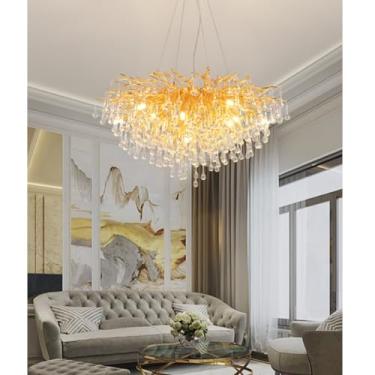 Imagem de Lustre de cristal moderno, elegante, dourado/azul, com intensidade regulável em 3 cores, ideal para sala de estar, sala de jantar e quarto. Lustre de embutir sofisticado, luminária pendente