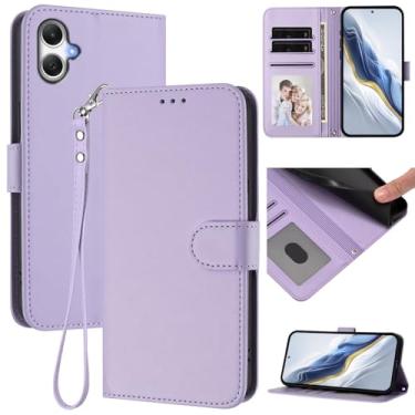 Imagem de Capa carteira para Samsung Galaxy A06 4G/A06 5G, carteira de couro fina com compartimentos para cartões, alça de pulso e suporte, capa protetora à prova de choque para homens e mulheres (roxo claro)